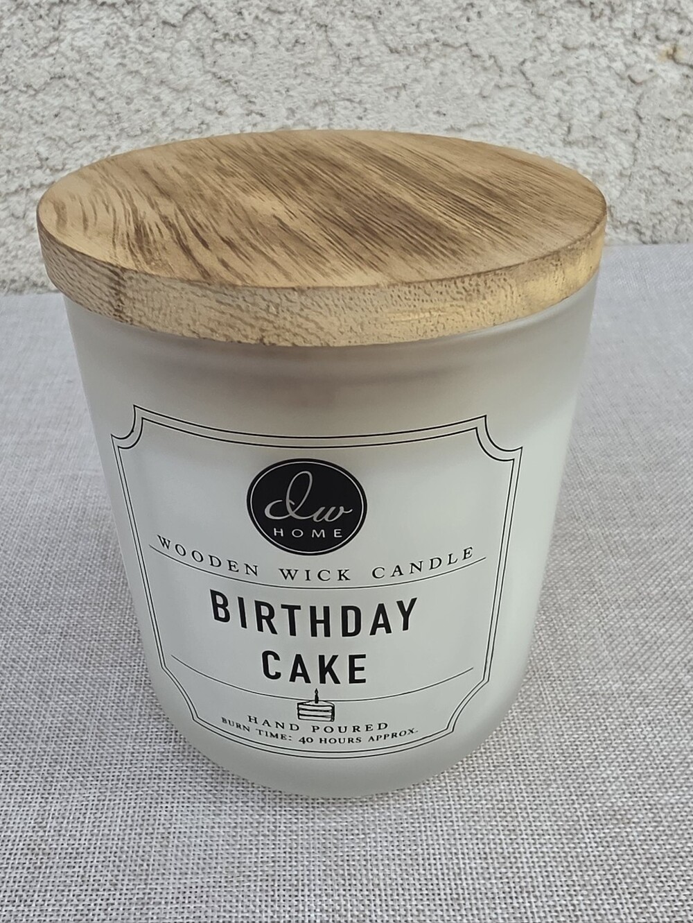 DW Home Birthday Cake Candle - White Jar with Wood Lid 11.5oz New